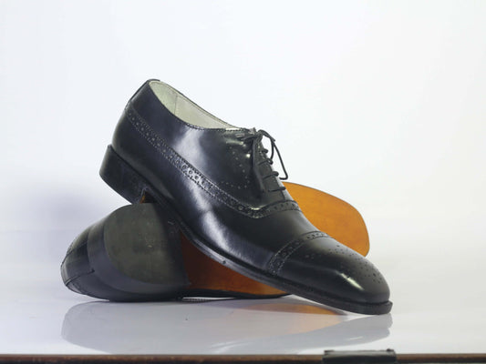 Handmade Men Black Leather Cap Toe Brogue Shoes, Men Dress Formal Designer Shoes - theleathersouq