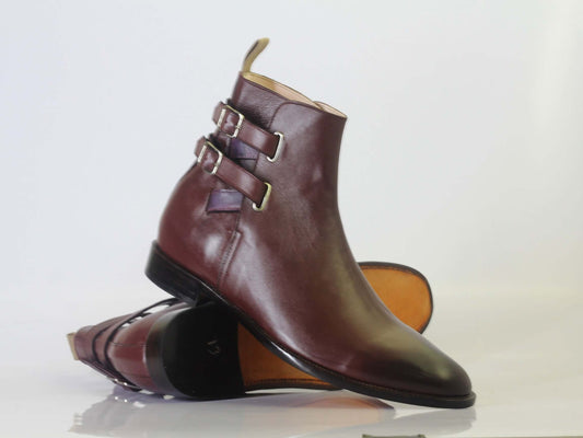 Handmade Men Ankle High Burgundy Leather Double Buckle Boots, Men Designer Boots - theleathersouq