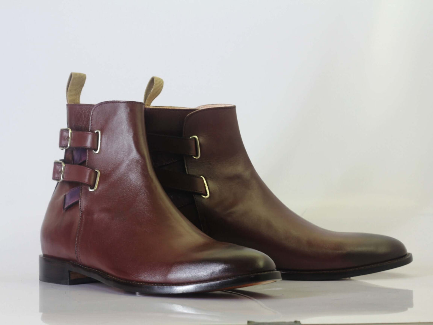 Handmade Men Ankle High Burgundy Leather Double Buckle Boots, Men Designer Boots - theleathersouq