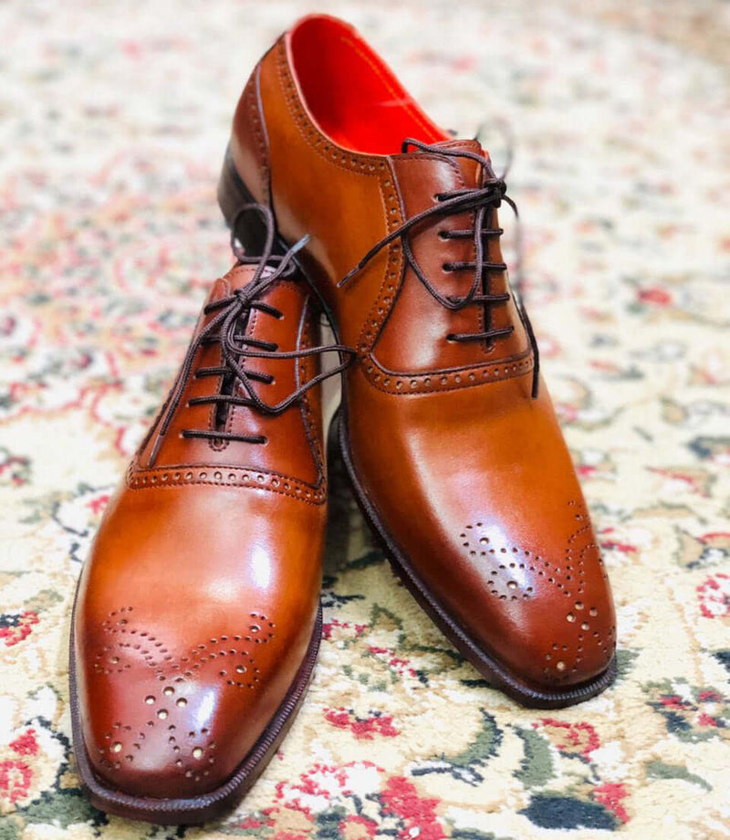 Handmade Men's Tan Leather Wing Tip Brogue Shoes, Men Formal Designer Shoes - theleathersouq