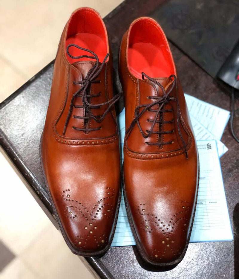 Handmade Men's Tan Leather Wing Tip Brogue Shoes, Men Formal Designer Shoes - theleathersouq