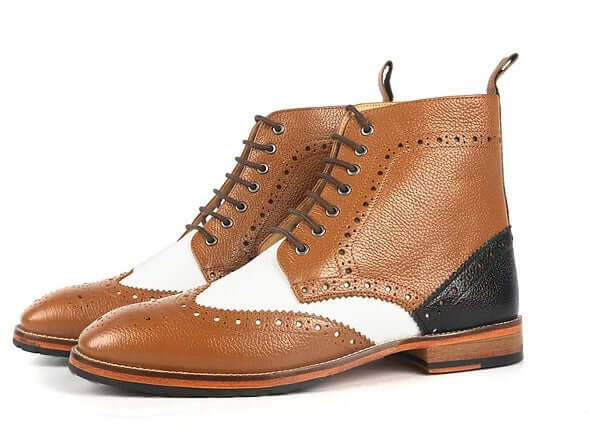 Handmade Men Brown White Wing Tip Ankle Boots, Men Pebbled Leather Designer Boots - theleathersouq