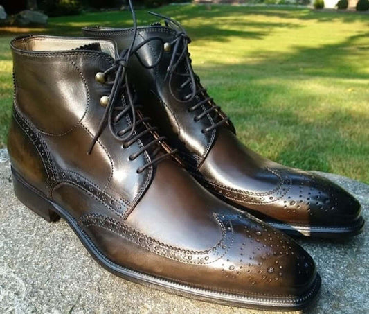 Handmade Men Brown Wing Tip Brogue Ankle Boots, Men Leather Designer Fashion Boots - theleathersouq