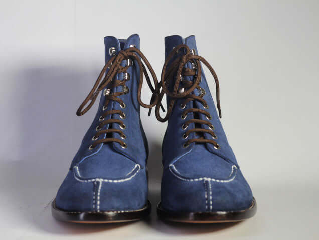 Handmade Men Blue Split Toe Suede Ankle Boots, Men Lace Up Designer Fashion Boots - theleathersouq