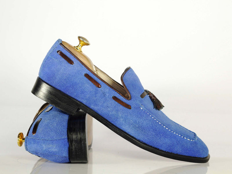 Elegant Handmade Men's Blue Suede Tassel Dress Loafer Shoes, Men Formal Designer Shoes - theleathersouq