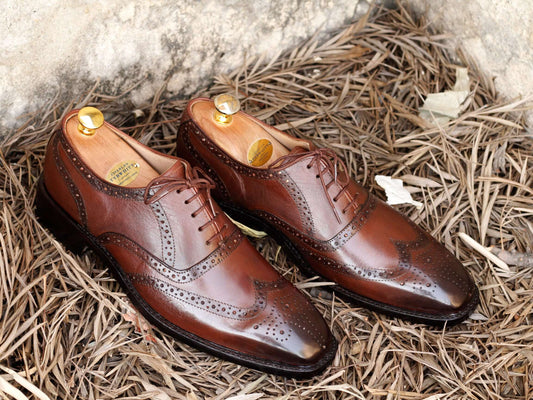 Stylish Handmade Men's Brown Wing Tip Brogue Leather Shoes, Men Designer Dress Shoes - theleathersouq