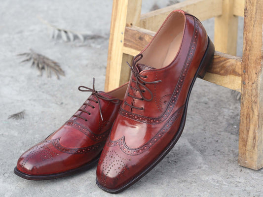 Elegant Handmade Men's Burgundy Wing Tip Brogue Shoes, Men Leather Designer Shoes - theleathersouq