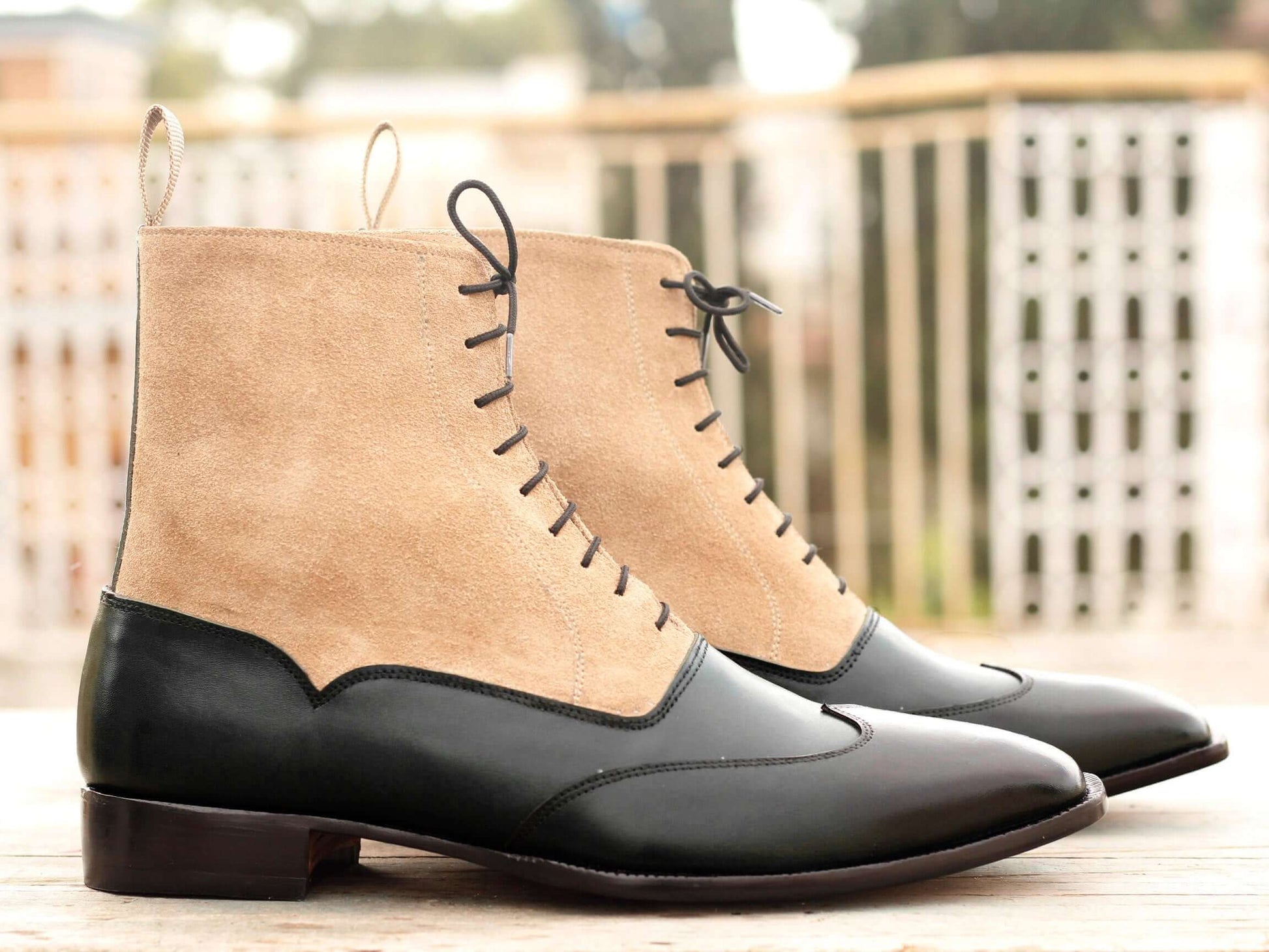 Elegant Handmade Men's Black Beige Dress Ankle High Boots, Men Leather Suede Designer Boots - theleathersouq