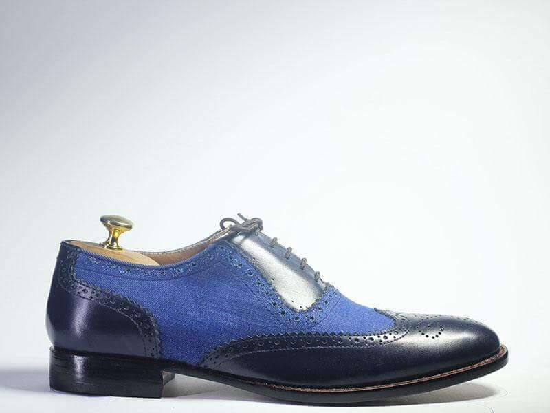 Handmade Men's Black Blue Wing Tip Brogue Shoes, Men Leather Denim Des