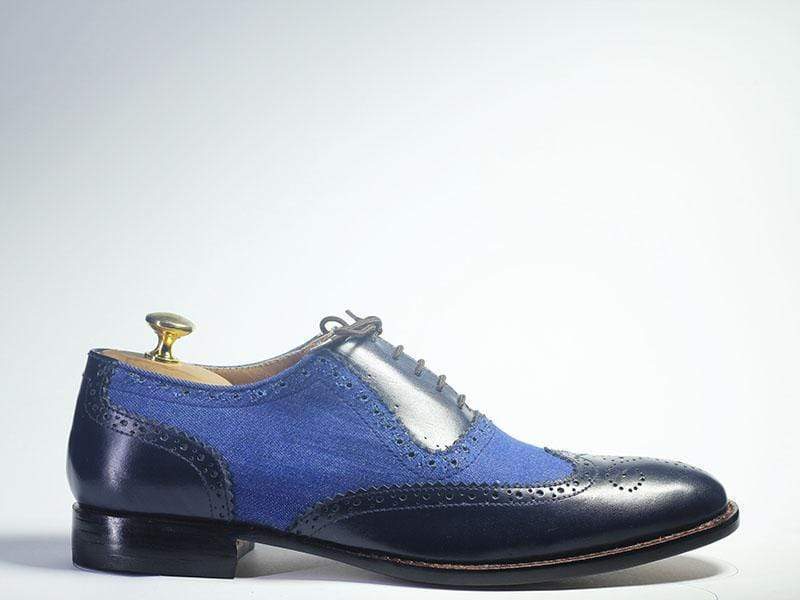 Handmade Men's Black Blue Wing Tip Brogue Shoes, Men Leather Denim Designer Shoes - theleathersouq