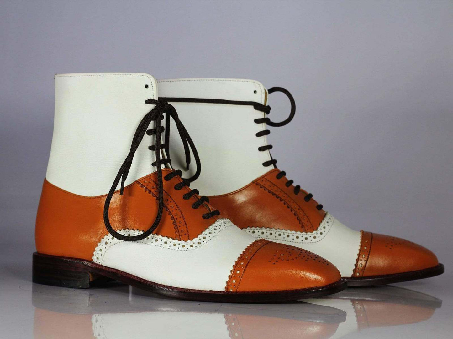 Stylish Men's Handmade Tan White Cap Toe Brogue Ankle Boots, Men Leather Designer Boots - theleathersouq