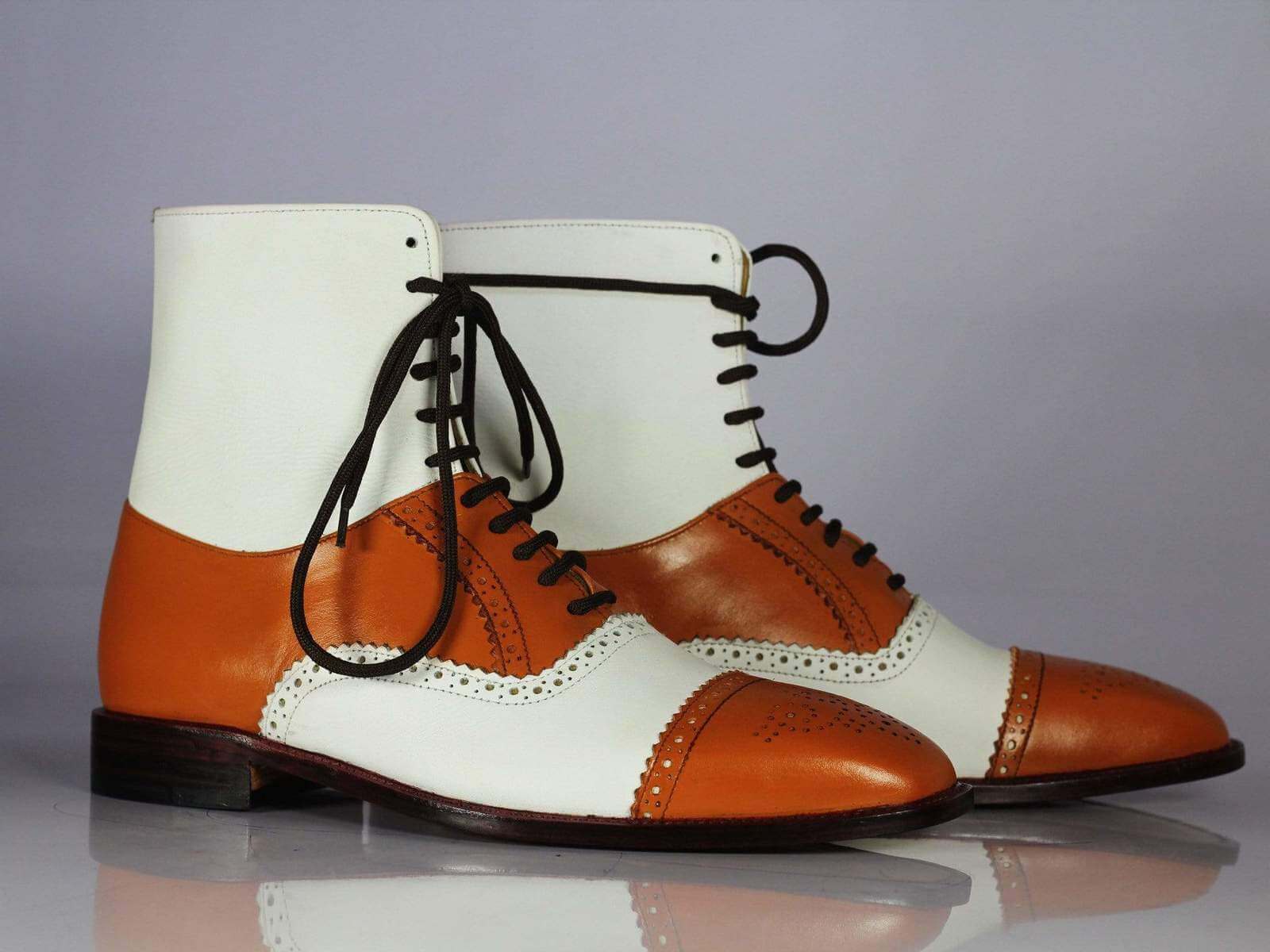 Stylish Men's Handmade Tan White Cap Toe Brogue Ankle Boots, Men Leather Designer Boots - theleathersouq