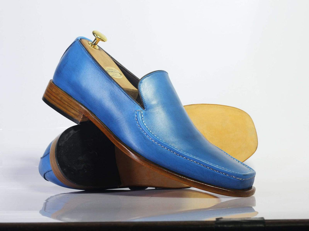 New Stylish Handmade Mens Plain Elegant Party Blue Leather Loafers M Theleathersouq 4200