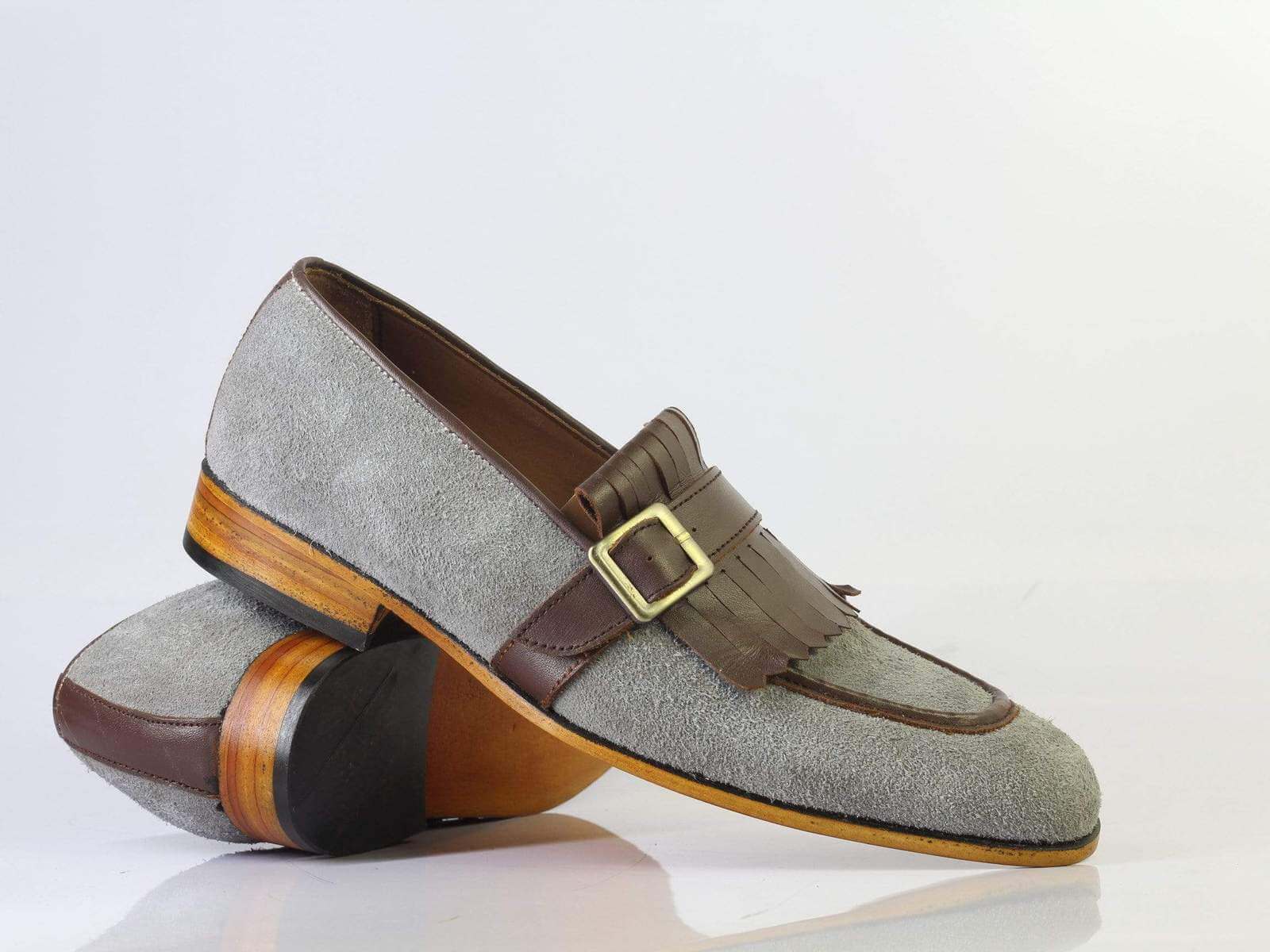 New Men's Handmade Brown Gray Monk Strap & Fringes Leather Suede Shoes, Men Designer Shoes - theleathersouq