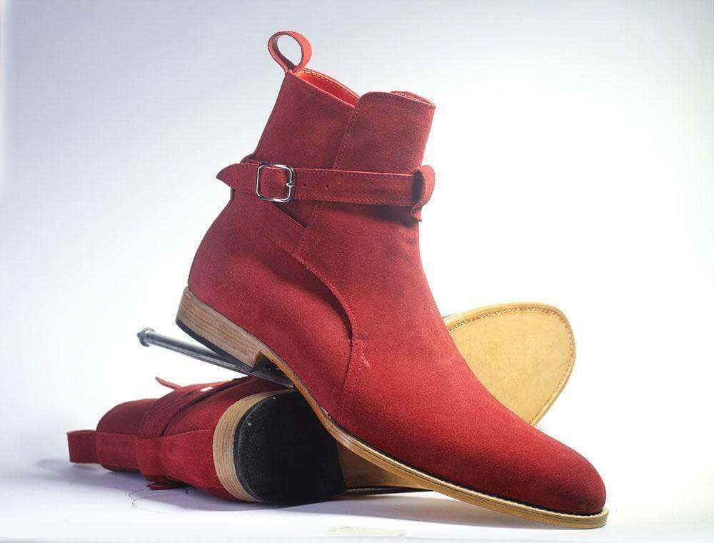 Handmade Men's Red Suede Ankle Boots, Men Designer Jodhpurs Boots - theleathersouq