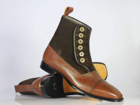 New Designer Men's Handmade Brown Cap Toe Ankle High Boots, Men Leather Suede Button Fashion Boots - theleathersouq