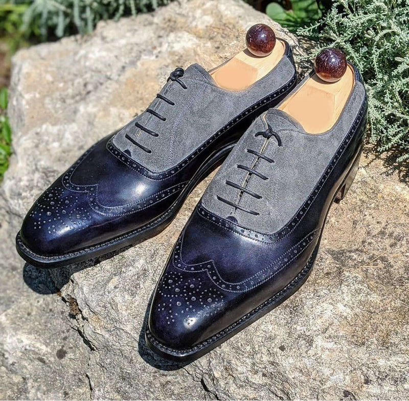 New Elegant Men's Handmade Black Gray Wing Tip Brogue Leather Suede Shoes, Men Designer Shoes - theleathersouq