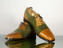 Handmade Men's Tan Green Cap Toe Leather Suede Dress Shoes, Men Designer Lace Up Shoes - theleathersouq