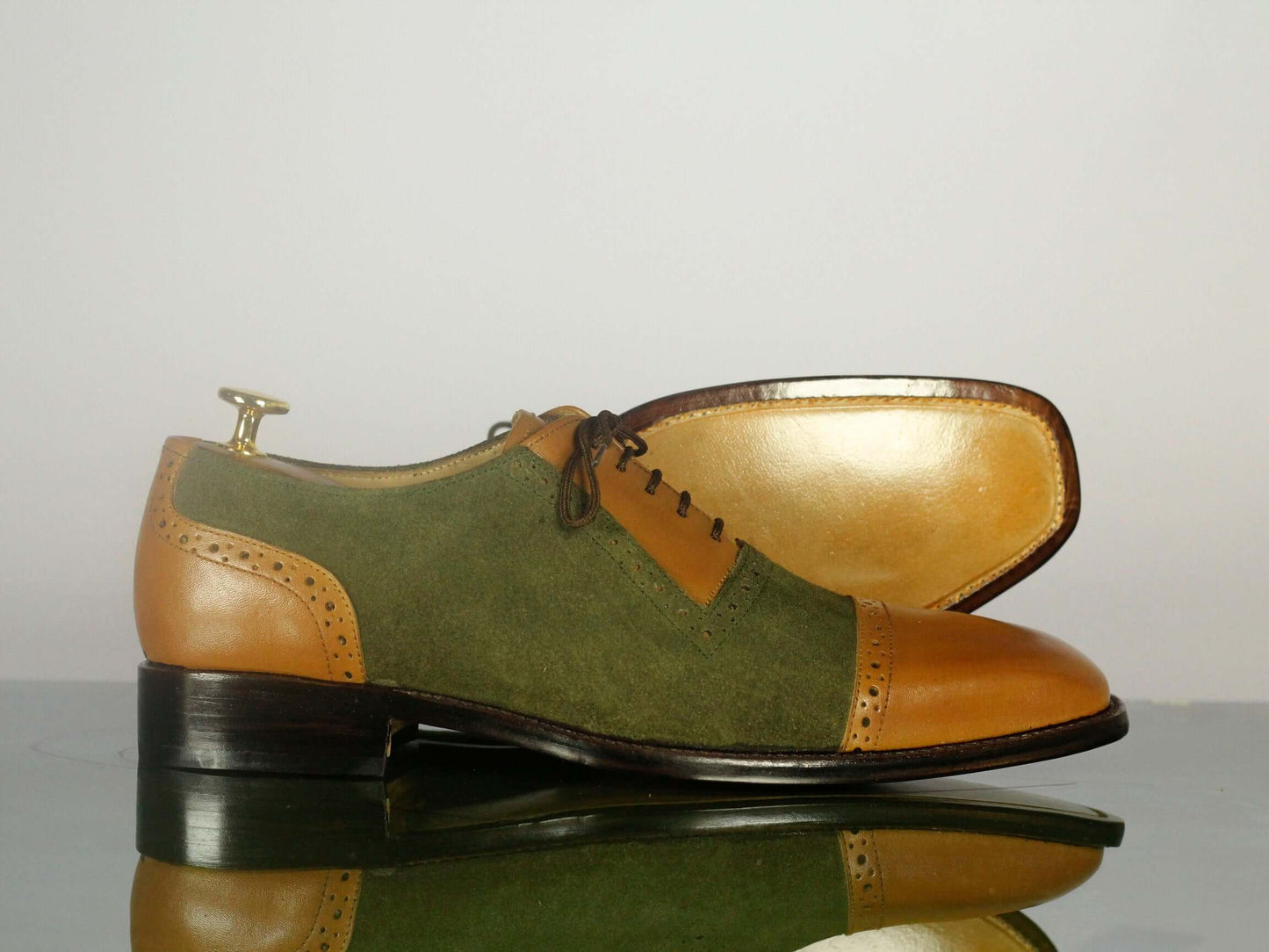 Handmade Men's Tan Green Cap Toe Leather Suede Dress Shoes, Men Designer Lace Up Shoes - theleathersouq