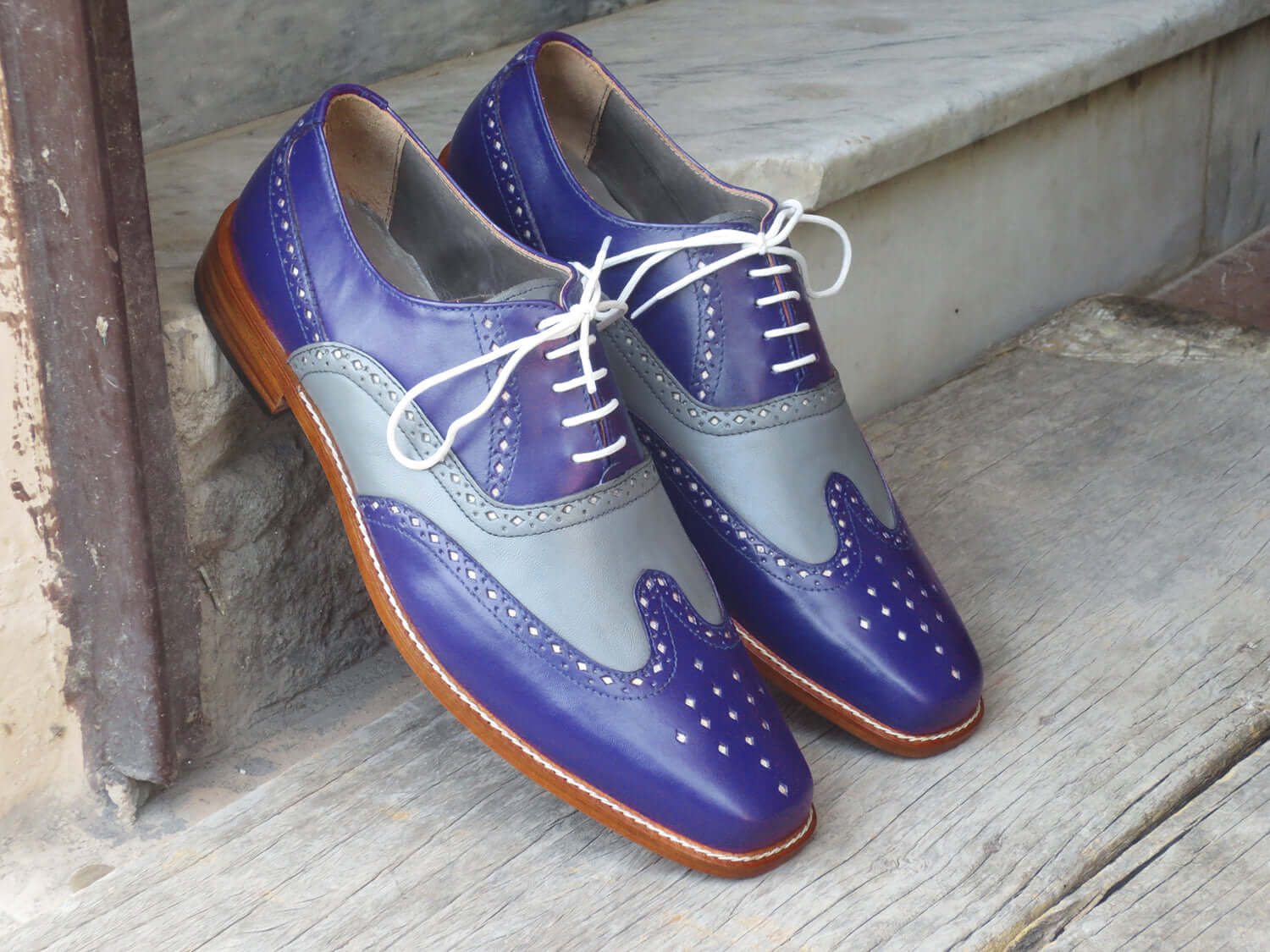 New Handmade Men's Blue Gray Wing Tip Brogue Leather Lace Up Shoes, Men Designer Dress Shoes - theleathersouq