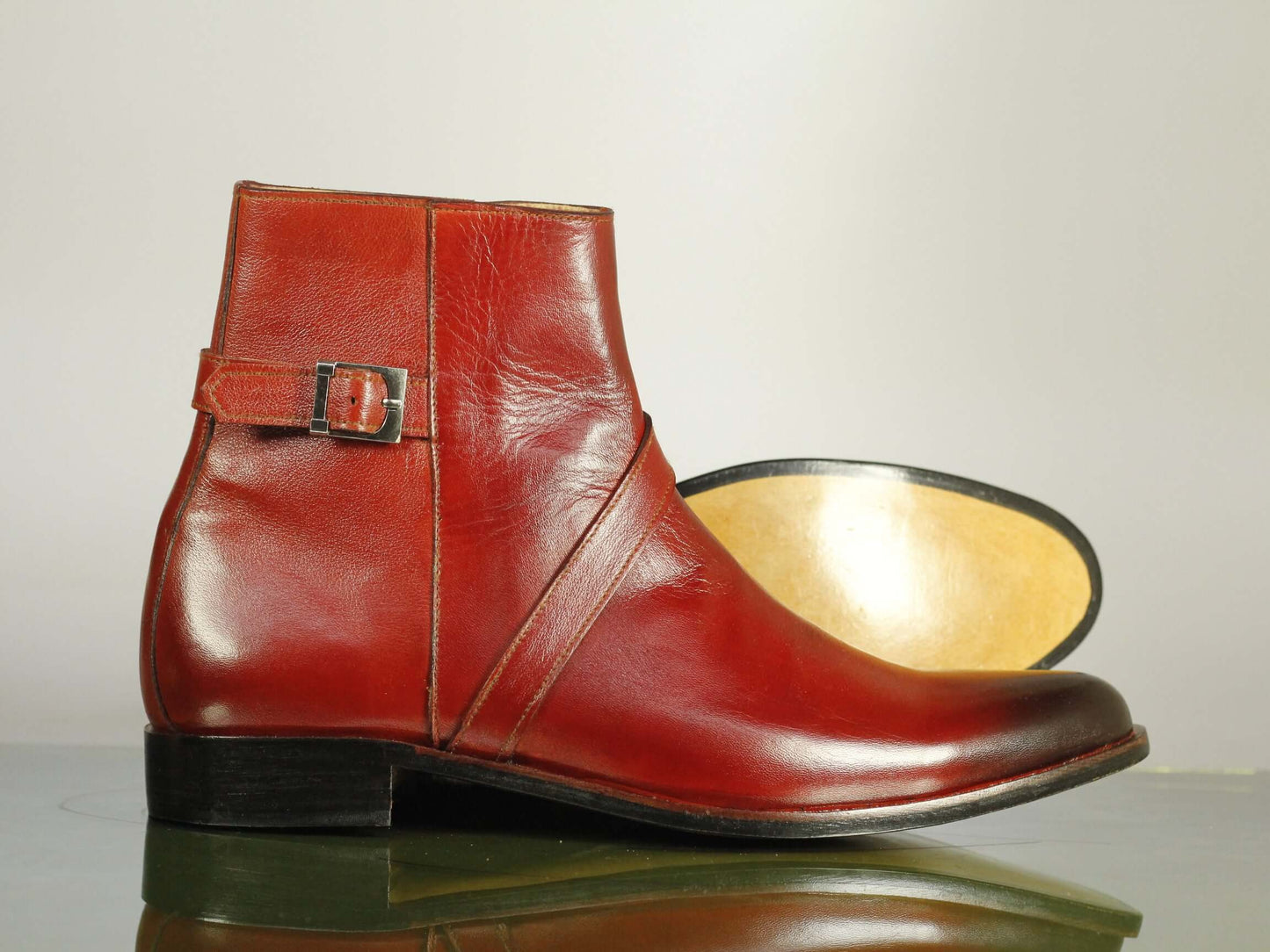 New Handmade Men's Burgundy Leather Jodhpur Boots, Men Buckle & Zipper Designer Boots - theleathersouq