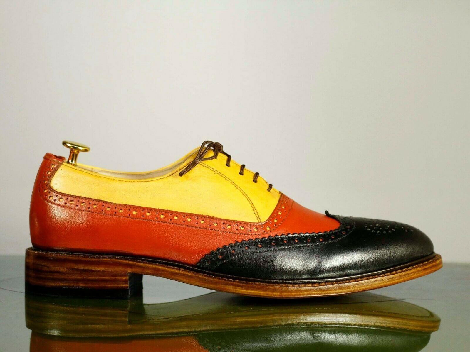 Men's Handmade Multi Color Wing Tip Brogue Leather Lace Up Shoes, Men Designer Dress Shoes - theleathersouq