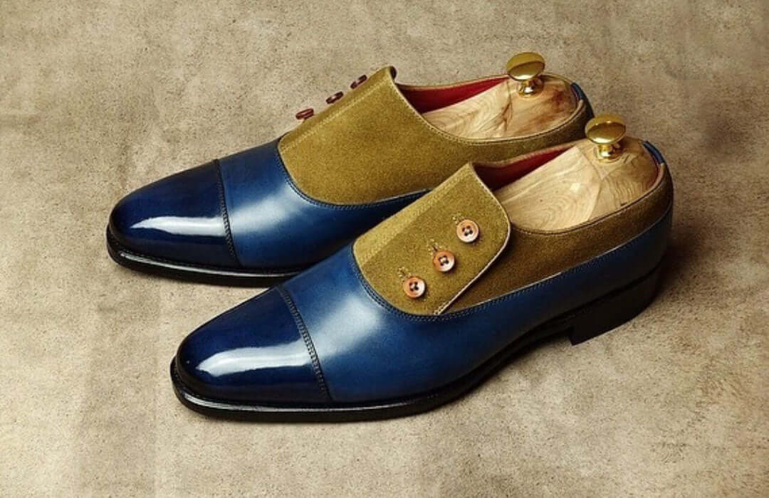 New Handmade Men's Blue Green Cap Toe Leather Suede Button Top Shoes, Men Designer Dress Shoes - theleathersouq