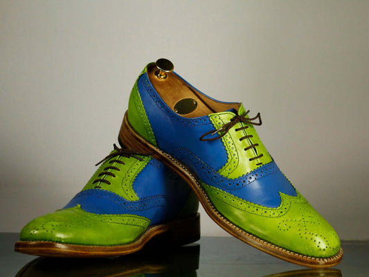 Handmade Men's Blue Green Wing Tip Brogue Leather Lace Up Shoes, Men Designer Dress Formal Shoes - theleathersouq