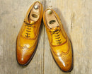 Stylish Handmade Men's Tan Wing Tip Brogue Leather Lace Up Formal Shoes, Men Designer Dress Shoes - theleathersouq