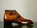 Handmade Men's Tan Brown Wing Tip Brogue Leather Ankle Boots, Men Designer Double Monk Strap Boots - theleathersouq