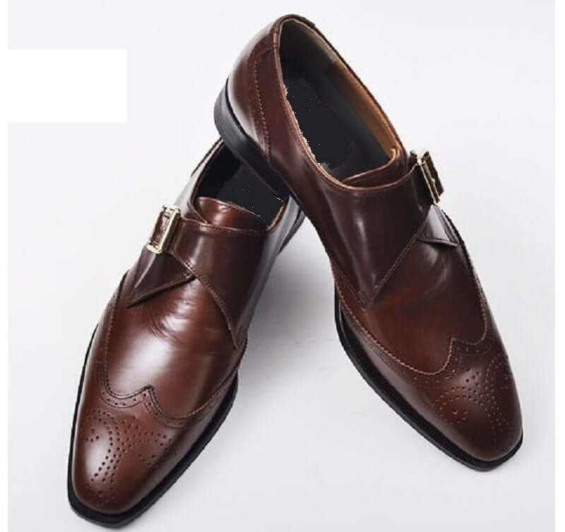 Handmade Men's Brown Wing Tip Brogue Leather Monk Strap Shoes, Men Designer Dress Formal Shoes - theleathersouq