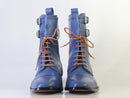 Stylish Handmade Men's Blue Cap Toe Leather Double Monk Strap & Lace Up Ankle Boots, Men Designer Boots - theleathersouq