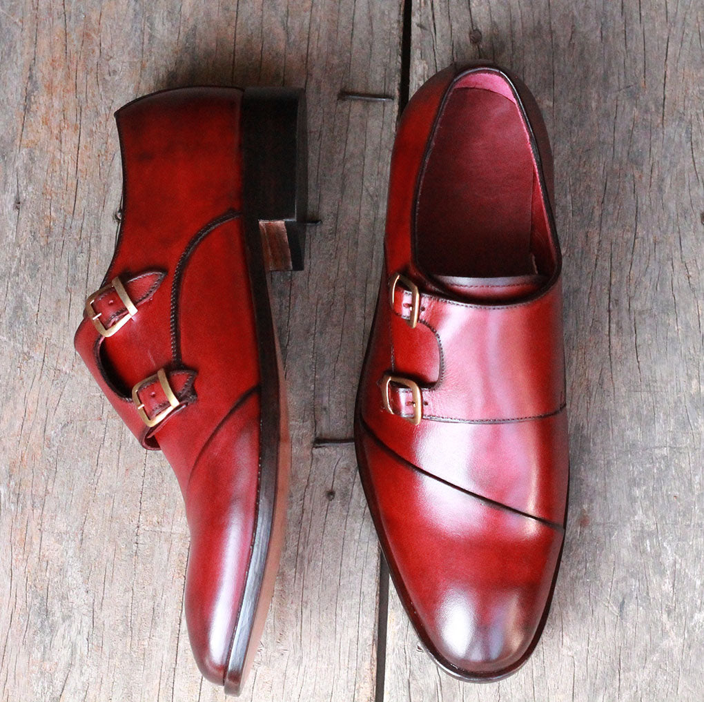 Handmade Men's Burgundy Wing Tip Leather Double Monk Strap Shoes, Men ...