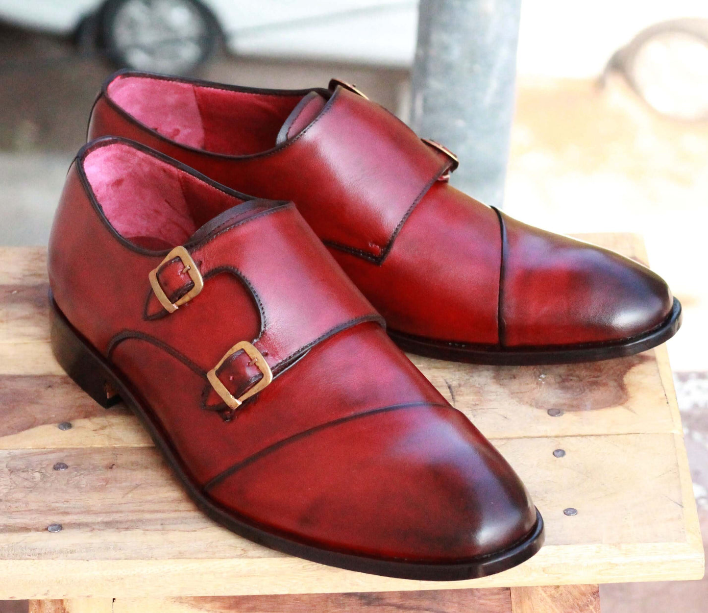 Handmade Men's Burgundy Wing Tip Leather Double Monk Strap Shoes, Men Designer Dress Formal Shoes - theleathersouq