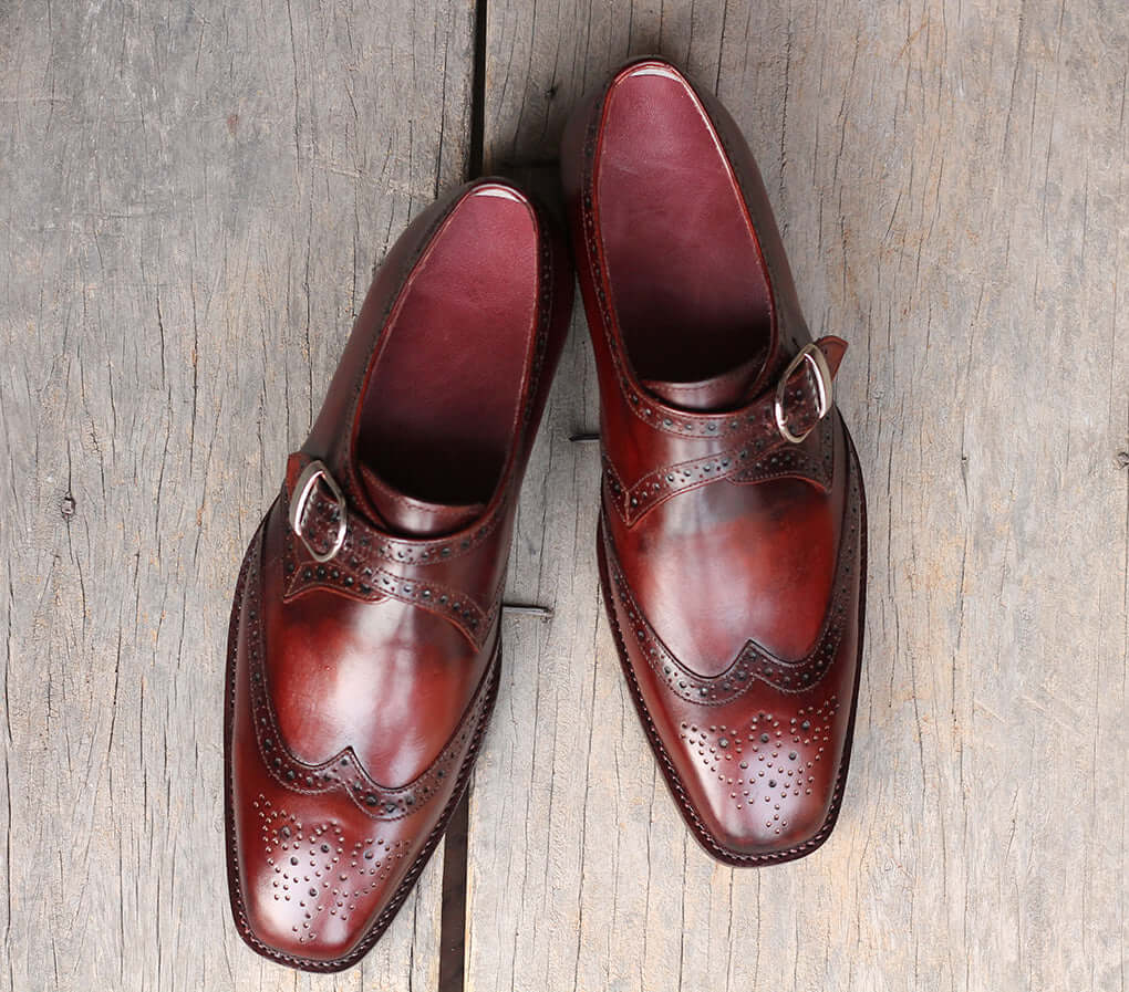 Handmade Men's Burgundy Wing Tip Brogue Goodyear Welted Leather Monk Strap Shoes, Men Designer Dress Formal Shoes - theleathersouq