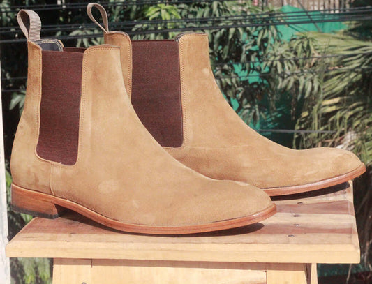 Handmade Men's Beige Suede Chelsea Boots, Men Ankle Boots, Men Designer Boots - theleathersouq