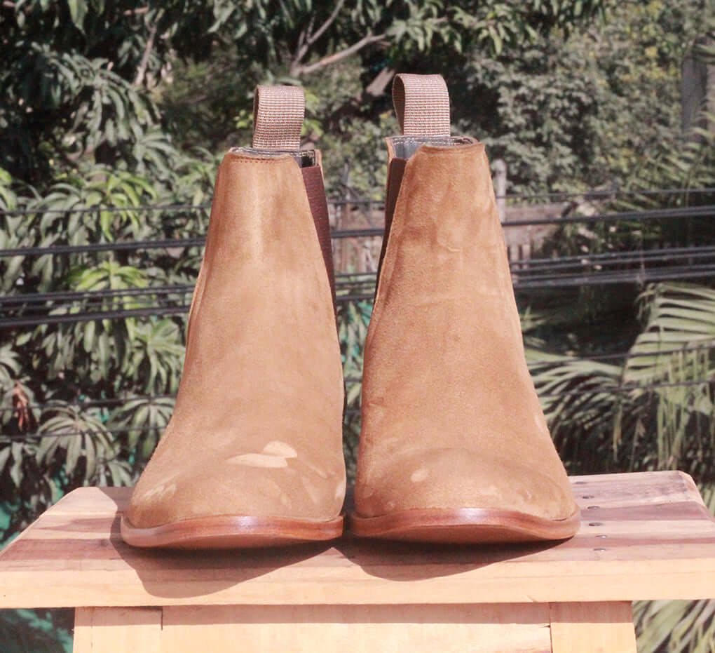 Handmade Men's Beige Suede Chelsea Boots, Men Ankle Boots, Men Designer Boots - theleathersouq