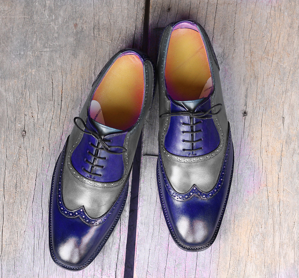 Handmade Men's Gray Navy Wing Tip Leather Lace Up Shoes, Men Designer ...