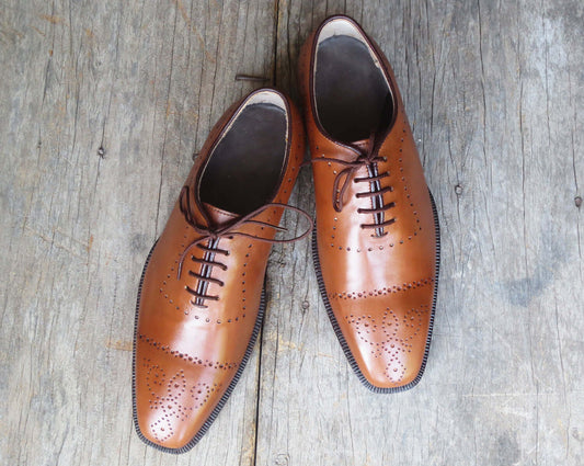 Handmade Men's Tan Cap Toe Brogue Leather Lace Up Shoes, Men Designer Dress Formal Shoes - theleathersouq