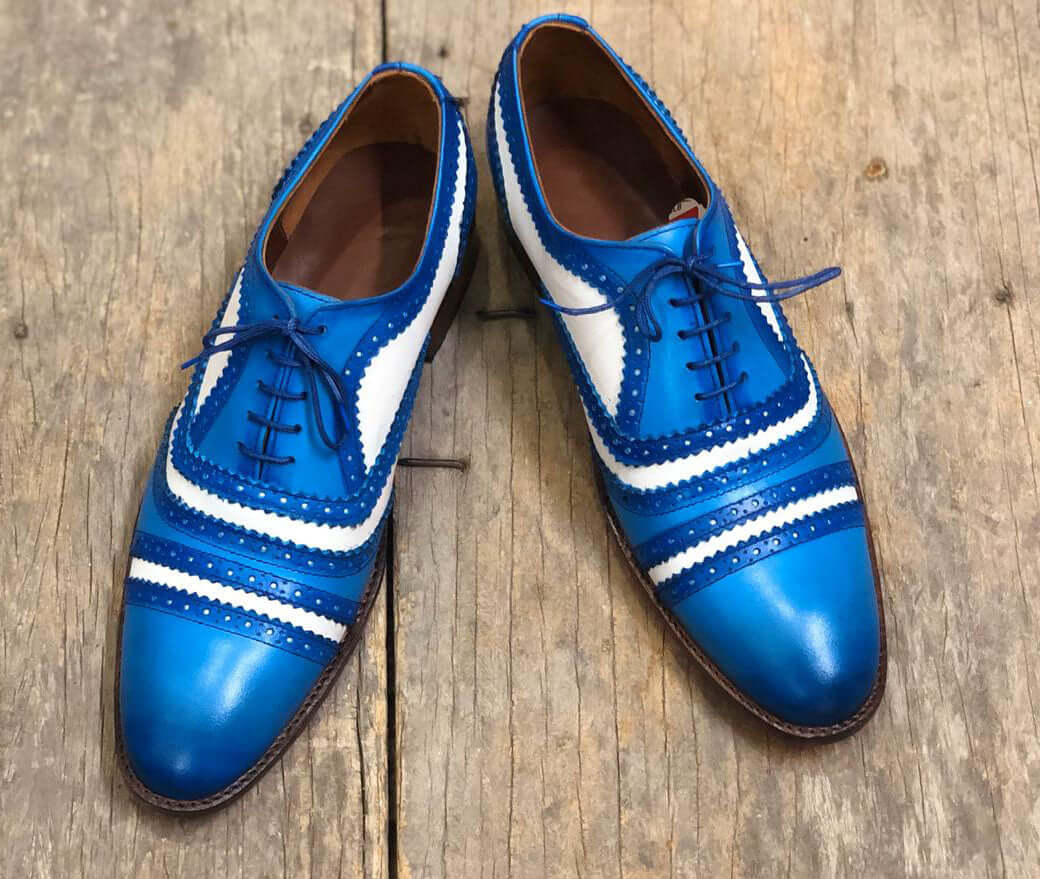 Handmade Men's White Blue Cap Toe Leather Lace Up Shoes, Men Designer Dress Formal Shoes - theleathersouq