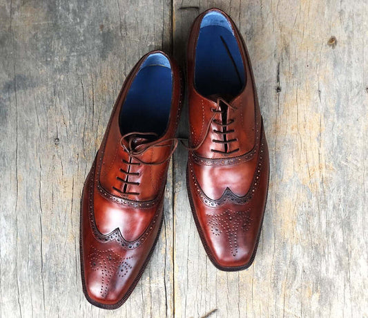 Handmade Men's Burgundy Wing Tip Brogue Leather Lace Up Shoes, Men Designer Dress Formal Shoes - theleathersouq