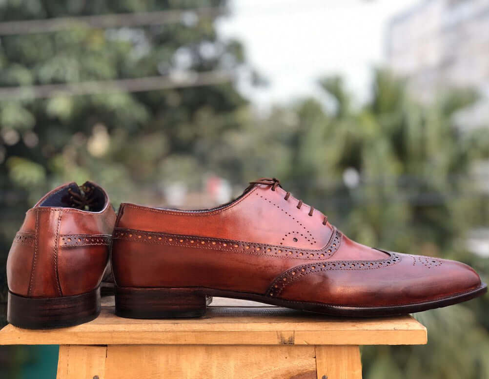 Handmade Men's Burgundy Wing Tip Brogue Leather Lace Up Shoes, Men Designer Dress Formal Shoes - theleathersouq