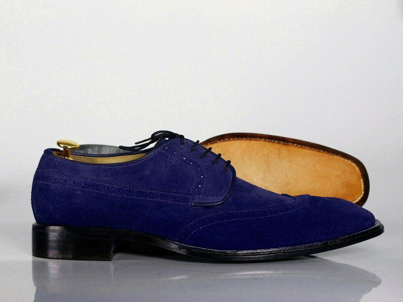 Handmade Men's Navy Blue Wing Tip Suede Lace Up Shoes, Men Designer Dress Formal Shoes - theleathersouq