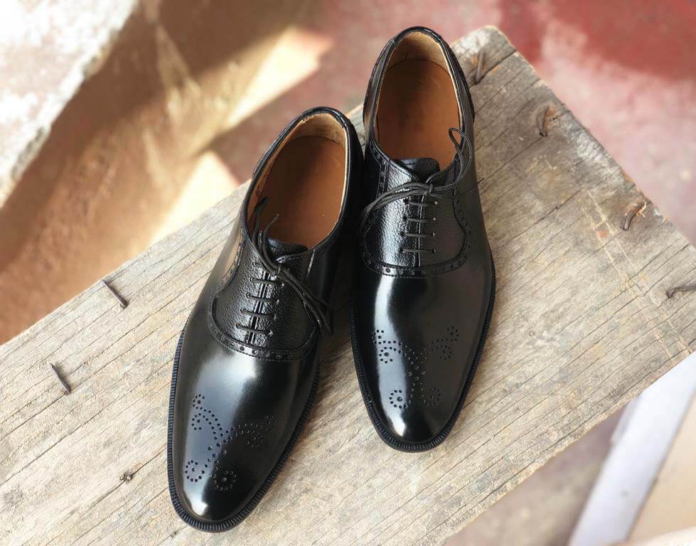 Handmade Men's Black Brogue Toe Leather Lace Up Shoes, Men Designer Dress Formal Luxury Shoes - theleathersouq