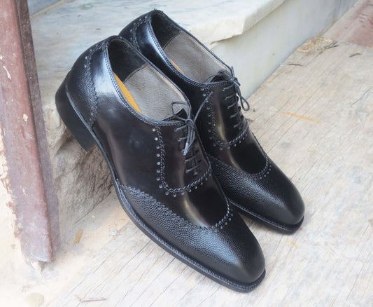 Handmade Men's Black Wing Tip Pebbled Leather Lace Up Shoes, Men Designer Dress Formal Luxury Shoes - theleathersouq