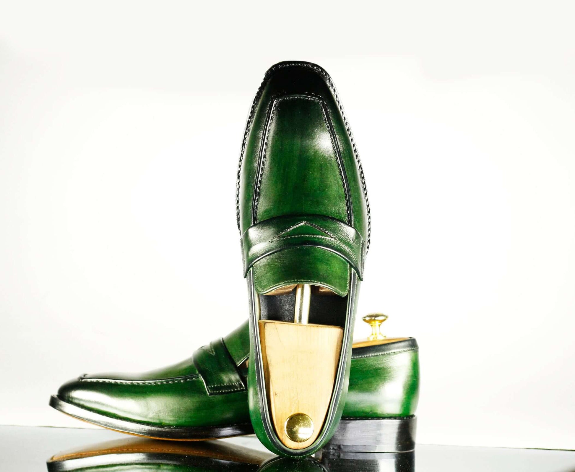 Handmade Men's Green Leather Penny Loafer Shoes, Men Designer Dress Formal Luxury Shoes - theleathersouq