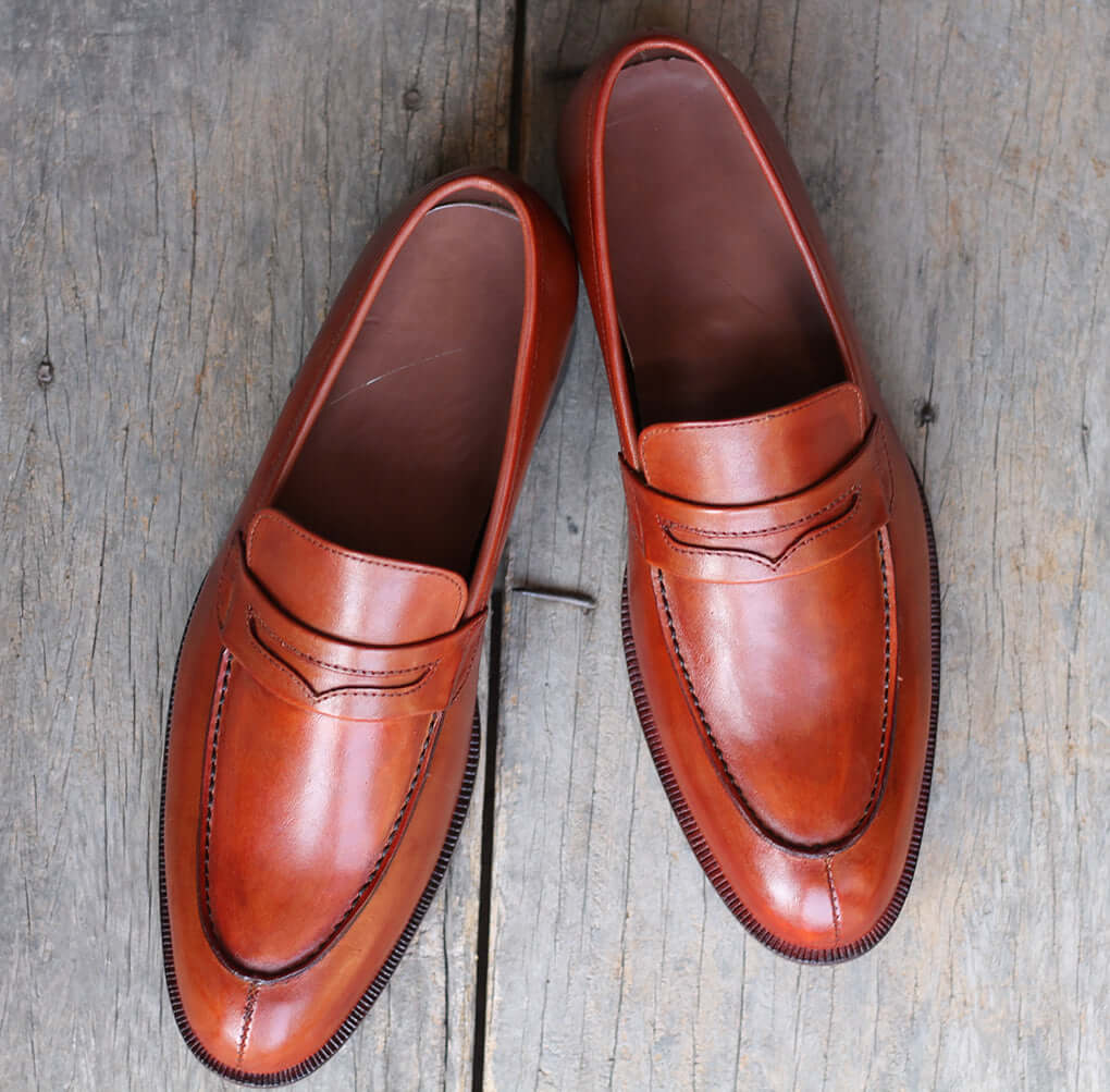 Handmade Men's Tan Leather Penny Loafer Shoes, Men Designer Dress Formal Luxury Shoes - theleathersouq