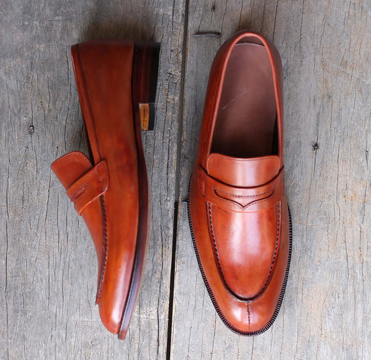 Handmade Men's Tan Leather Penny Loafer Shoes, Men Designer Dress Formal Luxury Shoes - theleathersouq