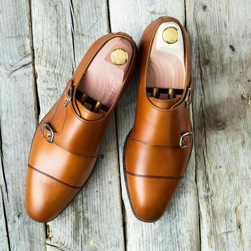 Handmade Men's Tan Brown Leather Cap Toe Double Monk Strap Shoes, Men Designer Dress Formal Luxury Shoes - theleathersouq