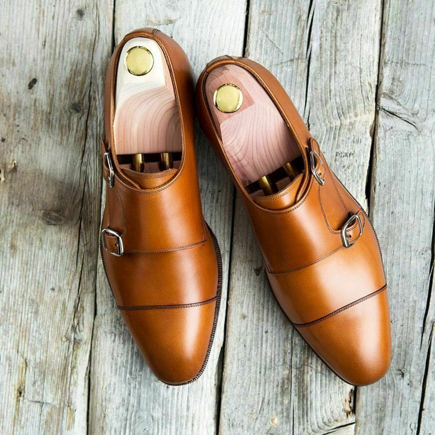 Handmade Men's Tan Brown Leather Cap Toe Double Monk Strap Shoes, Men Designer Dress Formal Luxury Shoes - theleathersouq